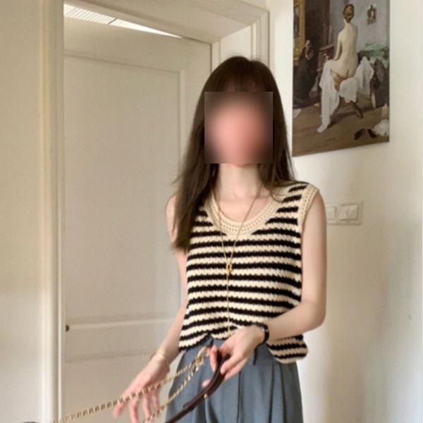 그물니트베스트 여름조끼 뱃살 모티브 민소매 스카시 뜨개 스트라이프 캐미솔 S - 상세 이미지 4