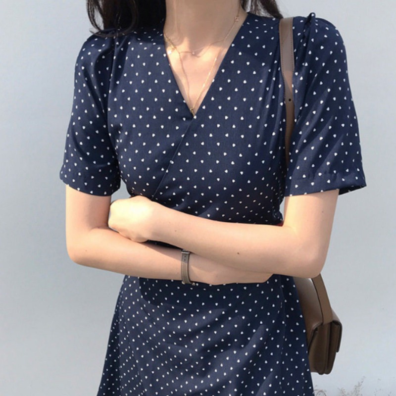 여성용 여름 폴카도트 V넥 반팔 A라인 원피스 프렌치 도트 무늬 드레스 네이비 - 상세 이미지 3