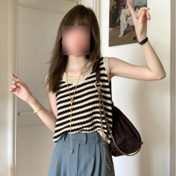 그물니트베스트 여름조끼 뱃살 모티브 민소매 스카시 뜨개 스트라이프 캐미솔 S - 상세 이미지 2