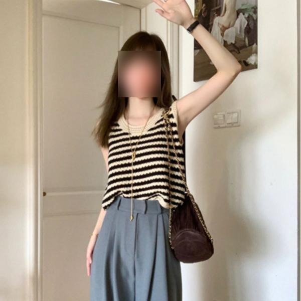 그물니트베스트 여름조끼 뱃살 모티브 민소매 스카시 뜨개 스트라이프 캐미솔 S - 상세 이미지 3