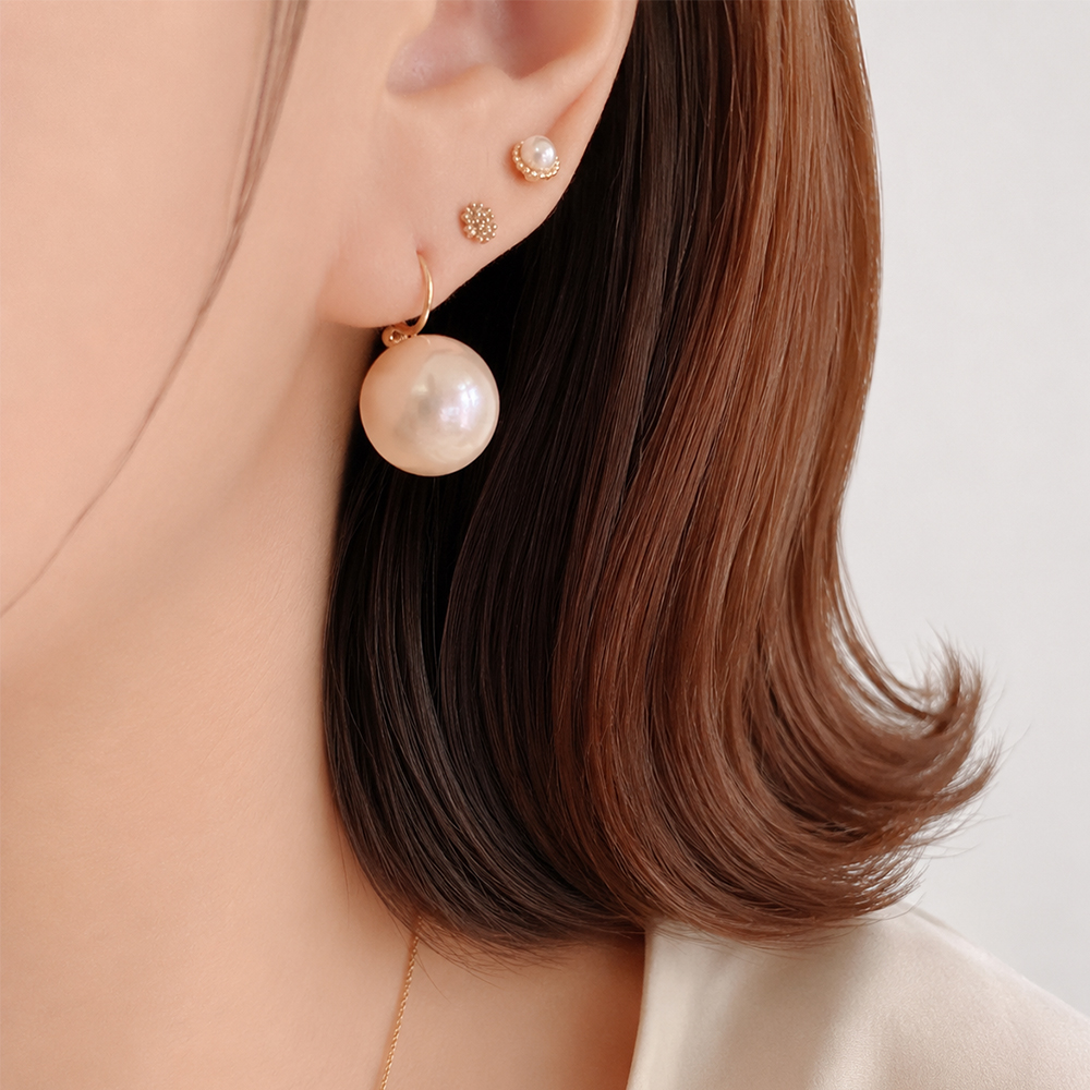 14K 화이트 핑크 왕 진주 드롭 귀걸이 12mm - 메인 이미지