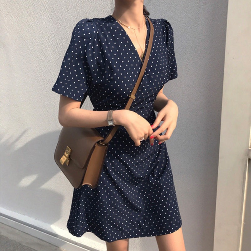 여성용 여름 폴카도트 V넥 반팔 A라인 원피스 프렌치 도트 무늬 드레스 네이비 - 상세 이미지 2
