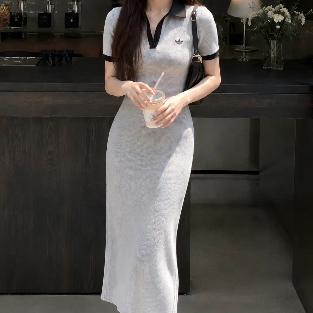 아디다스 우먼스 오리지널 스트라이프 폴로 롱 원피스 카라 드레스 그레이 KF0318 - 상세 이미지 2