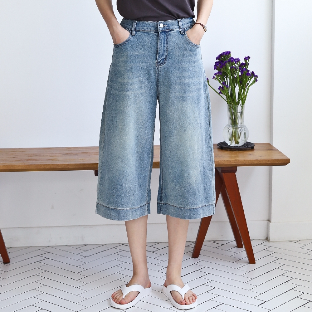 버뮤다청바지 여름청바지 와이드 7부 뒷밴딩 여름 청반바지 데님 팬츠 - 상품 이미지
