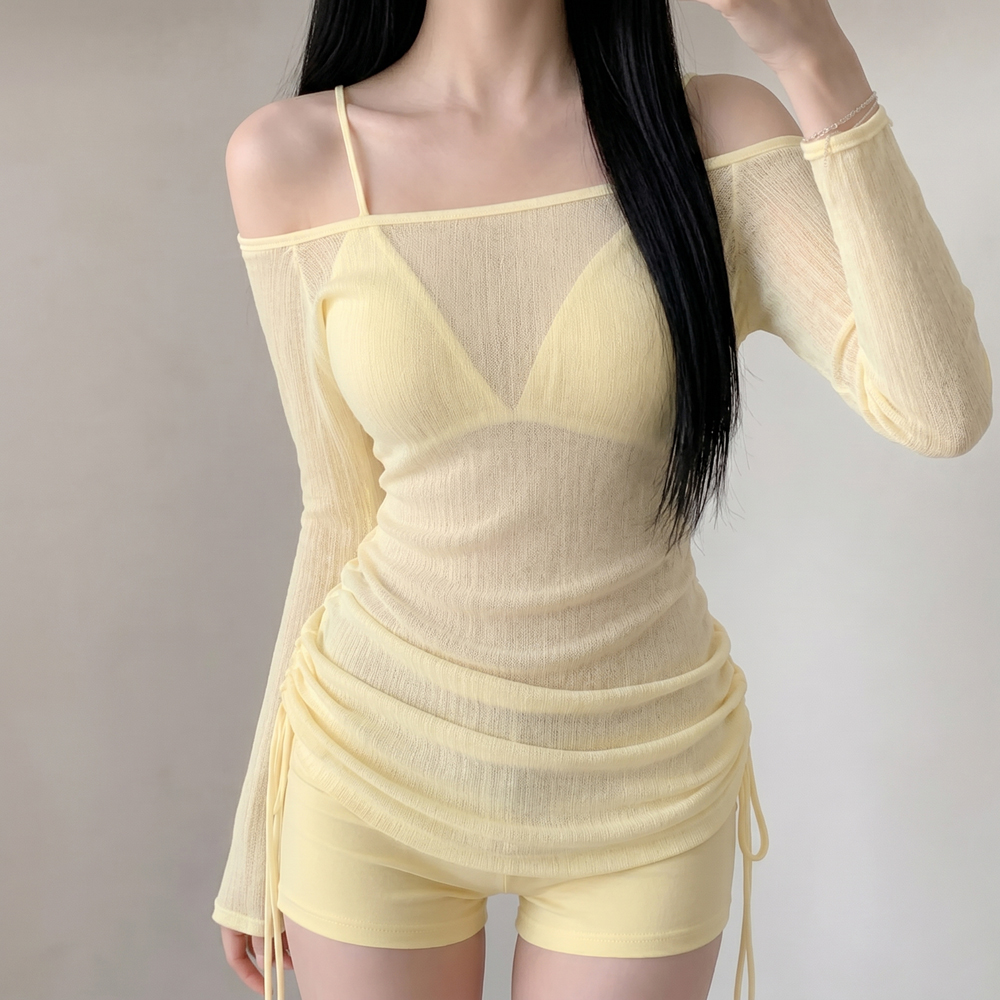 유교걸 체형커버 수영복 시스루 긴팔 커버업 스트링 비키니 쇼츠 세트 3PCS - 상품 이미지