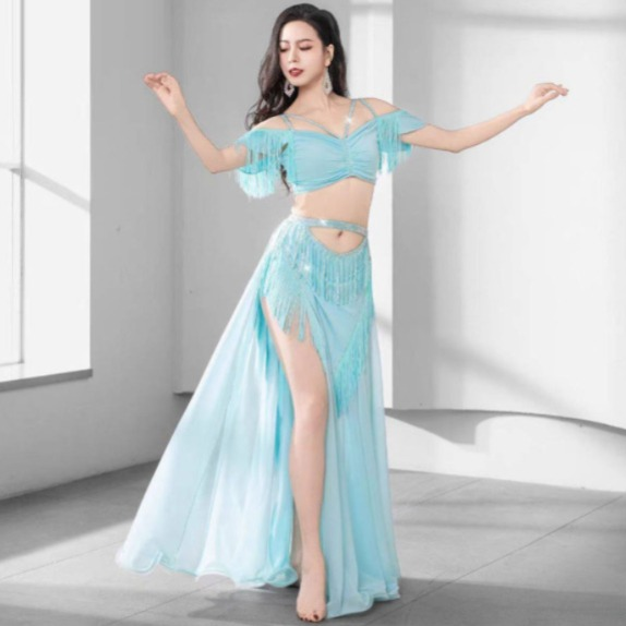 밸리댄스복 오프숄더 상의 스커트 태슬 세트 밸리복 드레스 공연 무대 벨리의상 댄스 대회 - 상품 이미지