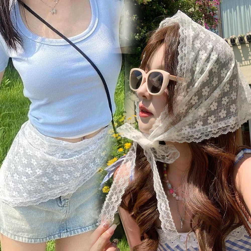여성 여름 시스루 플라워 레이스 반다나 헤어두건 멀티 스카프 - 상품 이미지
