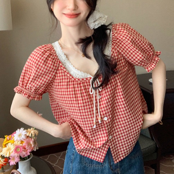 레이스 플러스사이즈 여성 여름 반팔 라운드넥 셔츠 루즈핏 시원한 착용감 데일리 블라우스 여성용 상의 스타일리시한 - 상세 이미지 3