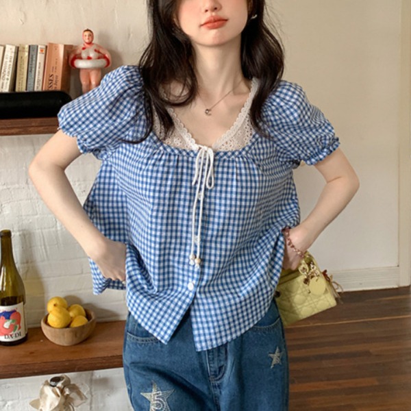 레이스 플러스사이즈 여성 여름 반팔 라운드넥 셔츠 루즈핏 시원한 착용감 데일리 블라우스 여성용 상의 스타일리시한 - 상품 이미지