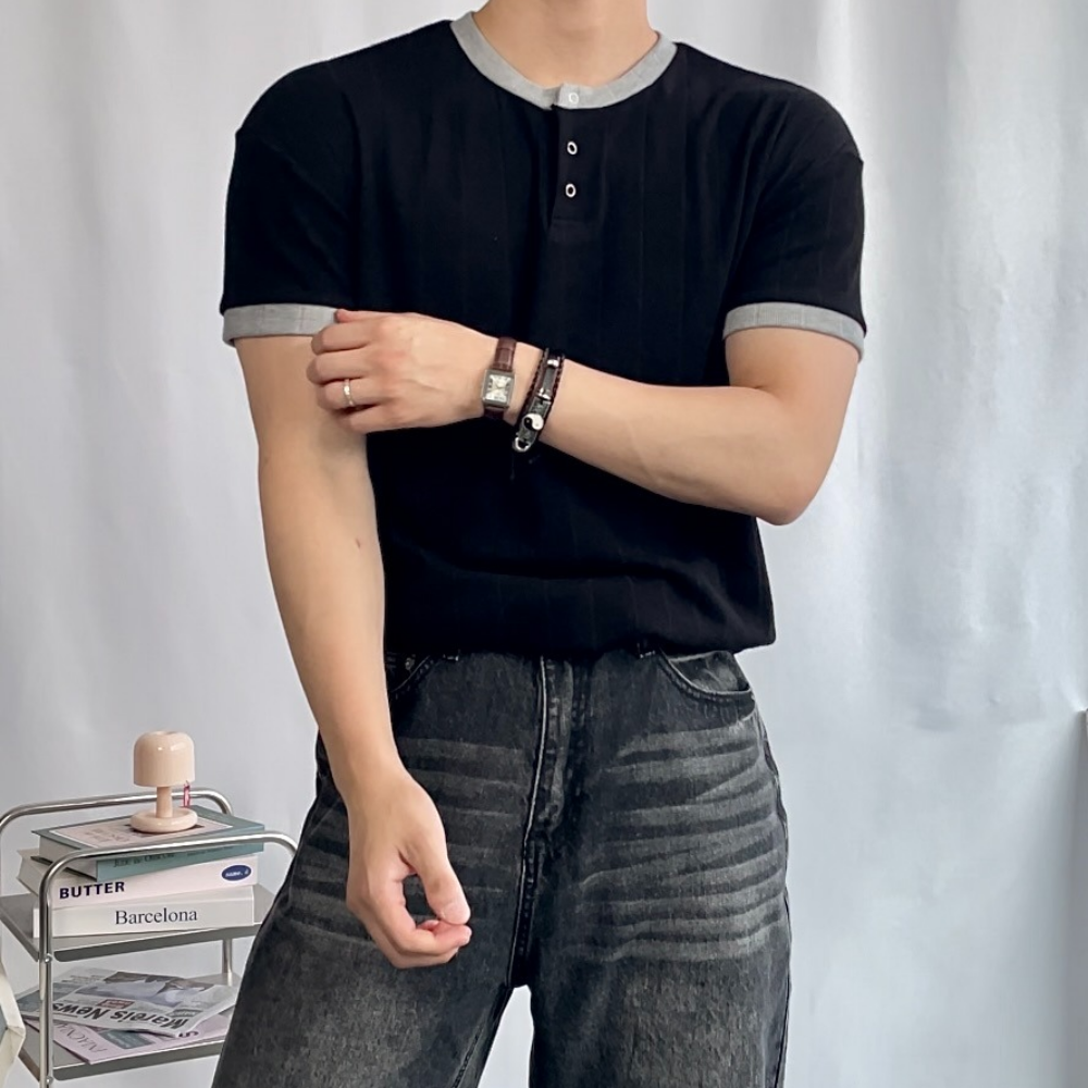 남자링거티 머슬핏 링거티셔츠 헨리넥 반팔 - 상품 이미지