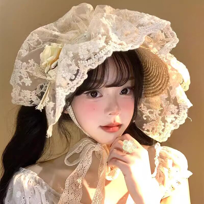 레이스 보넷 밀짚모자 베이지 여자 썸머햇 플로럴 리본 레이스 프렌치 공주 모자 - 상세 이미지 2