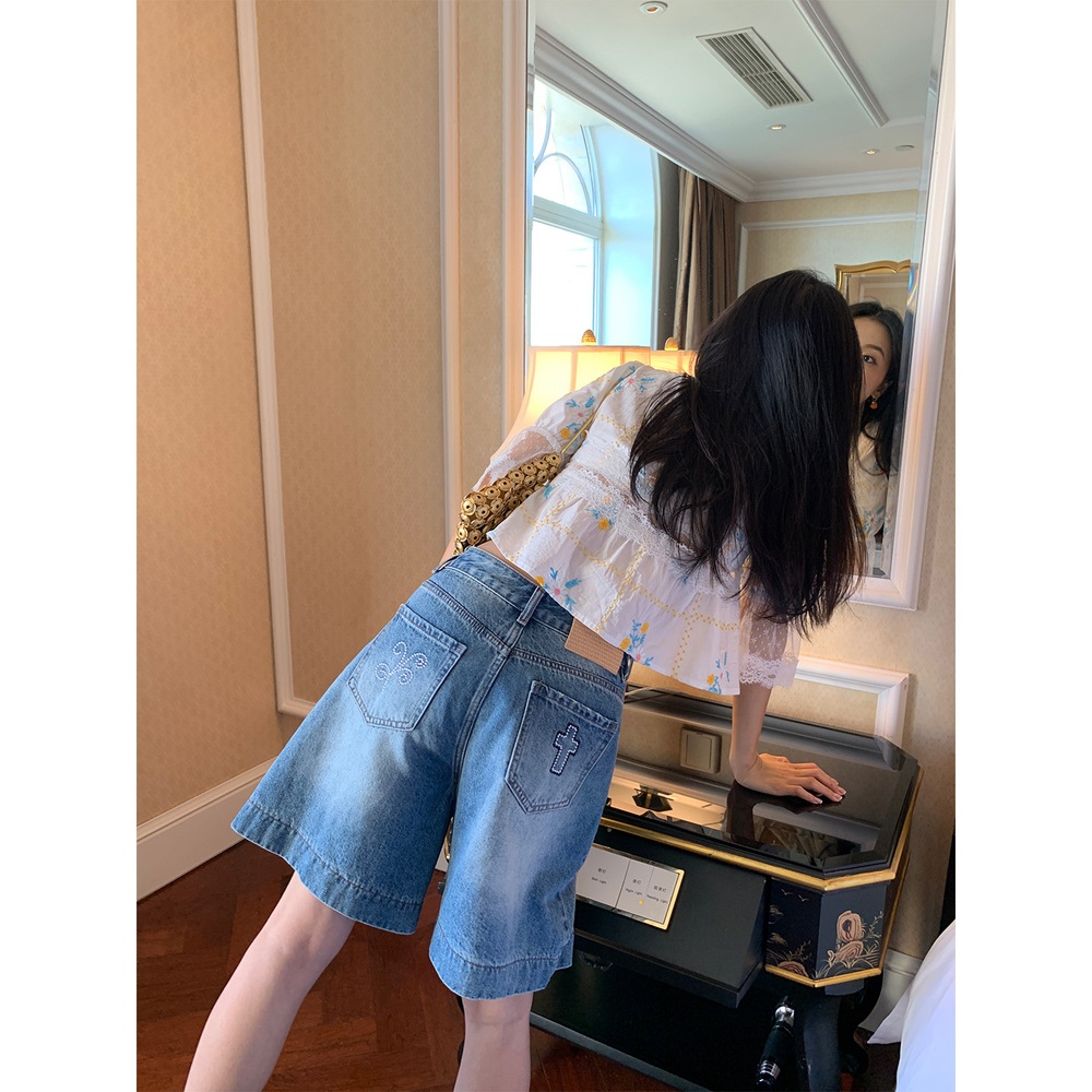 꽃자수 레이스7부소매 블라우스 리본 루즈핏 순면 싸개단추 귀여운 짧은스타일 화이트 - 상세 이미지 4