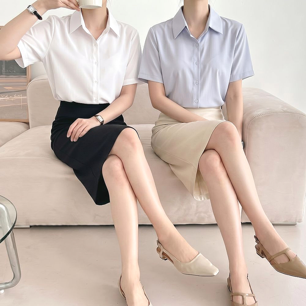 루엔 반팔블라우스 여성 여름 카라셔츠 쉬폰 정장 출근룩 오피스룩 하객룩 파스텔 화이트 - 상품 이미지