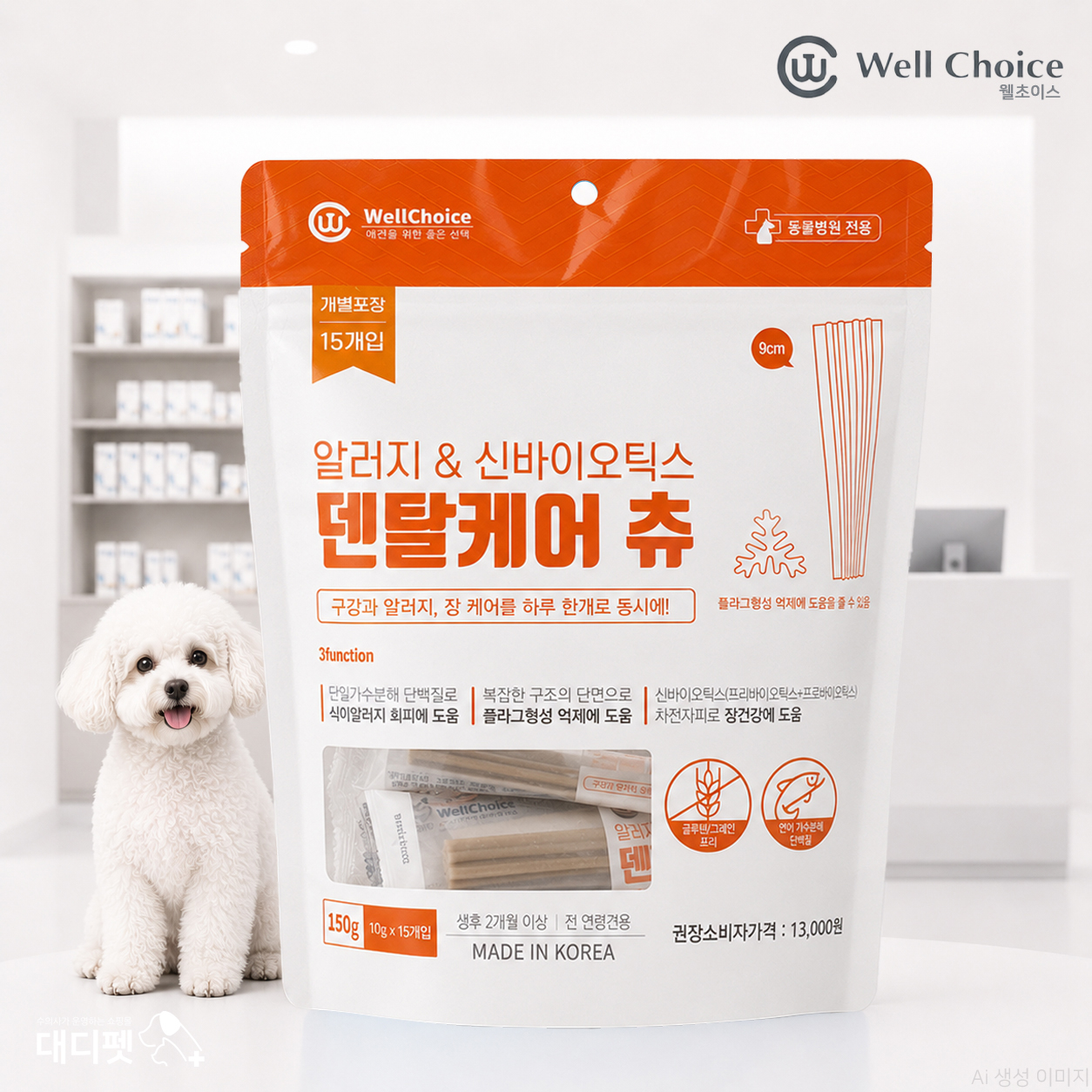 덴탈케어 츄 알러지&신바이오틱스 15p +2p 추가 가수분해 연어 단일단백질 구강 관리 껌 - 상품 이미지