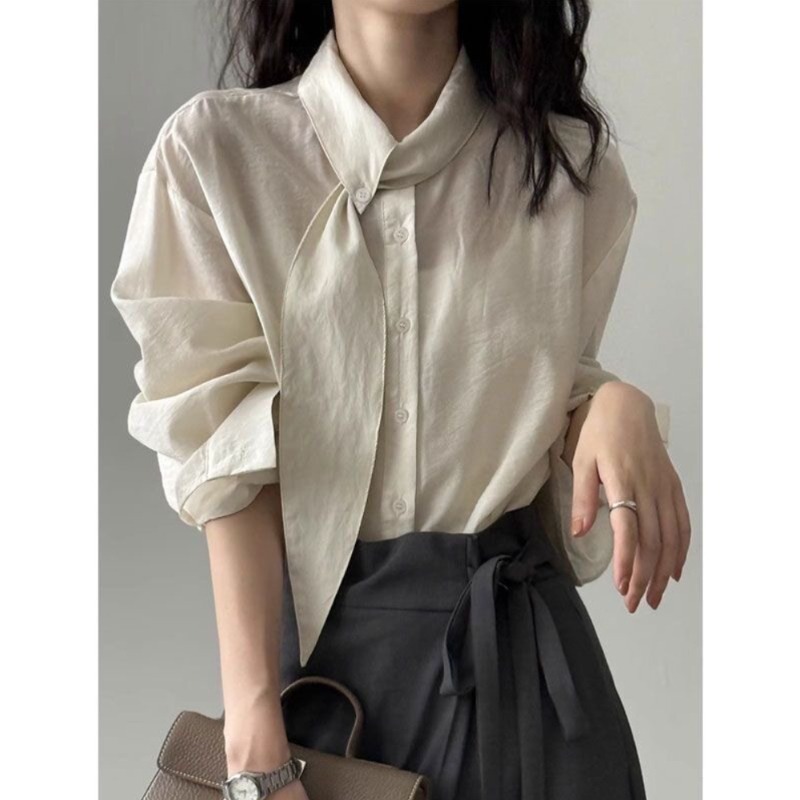 스카프 카라 블라우스 셔츠 하객룩 여성 데일리 출근 베이지 S - 상세 이미지 3