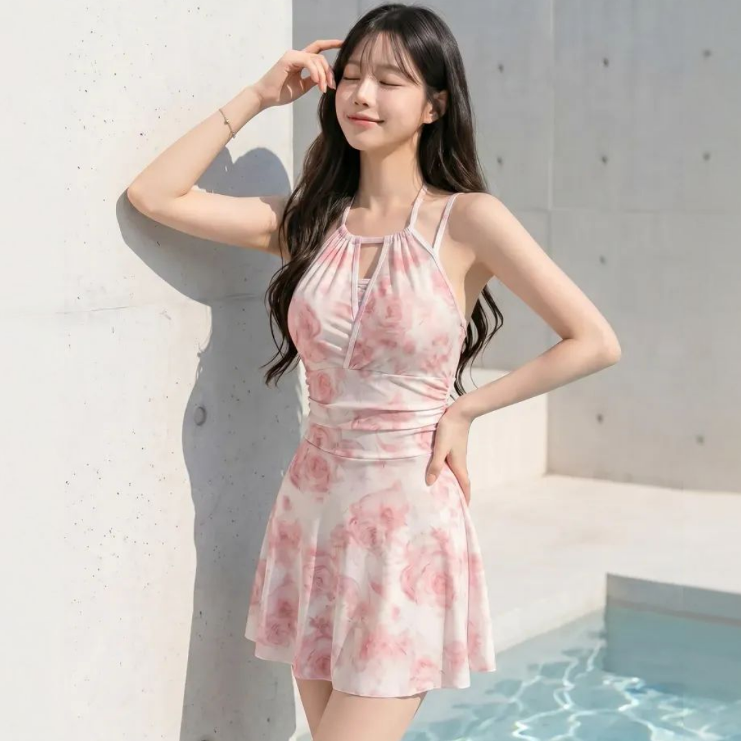 로맨틱 플라워 수영복 비키니 모노키니 홀터넥 체형커버 원피스 일체형바지 - 상품 이미지