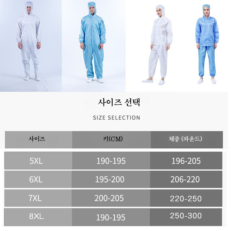 8XL 빅사이즈 방진복 클린복 방호복 무진복 특대형 방역 페인트 5XL 원피스 블루 화이트 - 상세 이미지 4