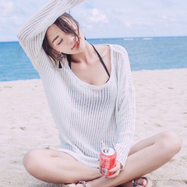 비키니가운 커버업 로브 가디건 휴양지 레이스 망사 니트 비치웨어 수영복 하얀색 일반사이즈 - 상세 이미지 5