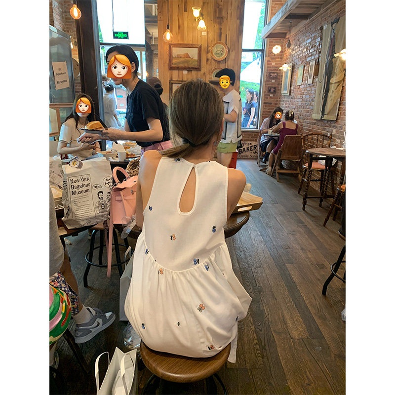 체리자수 홀터넥나시 롱원피스 면리넨혼방 키작녀룩 루즈핏 귀여운 디자인 여름 화이트 - 상세 이미지 5