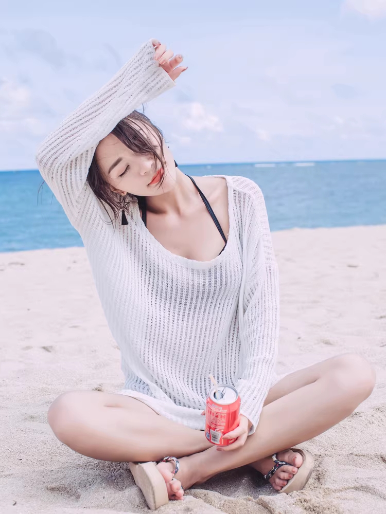 비키니가운 커버업 로브 가디건 휴양지 레이스 망사 니트 비치웨어 수영복 하얀색 한 사이즈 - 상세 이미지 2