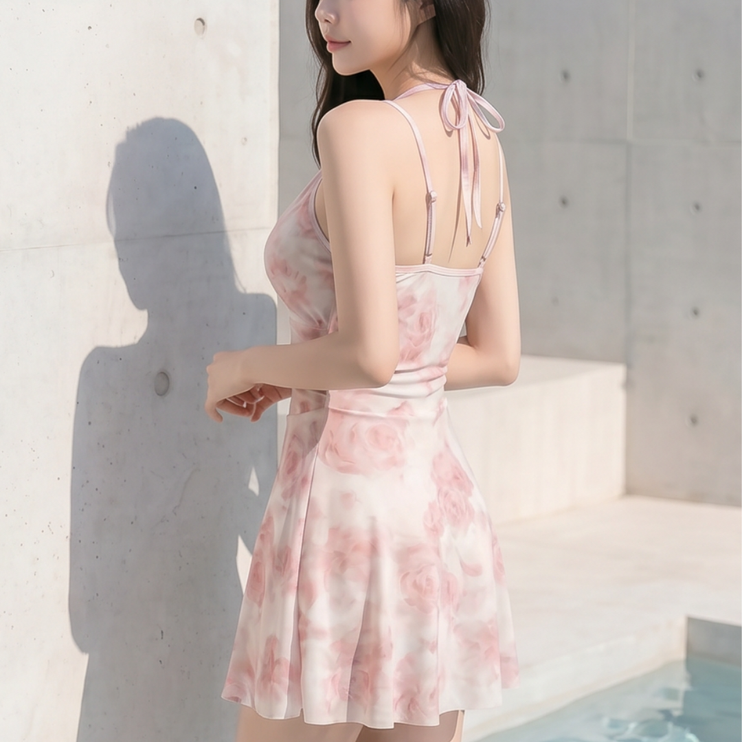로맨틱 플라워 수영복 비키니 모노키니 홀터넥 체형커버 원피스 일체형바지 - 상세 이미지 3
