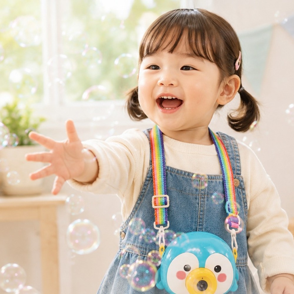 펭귄캐릭터어린이장난감비눗방울카메라 버튼식유아놀이버블카메라 자동발사야외활동 - 상품 이미지