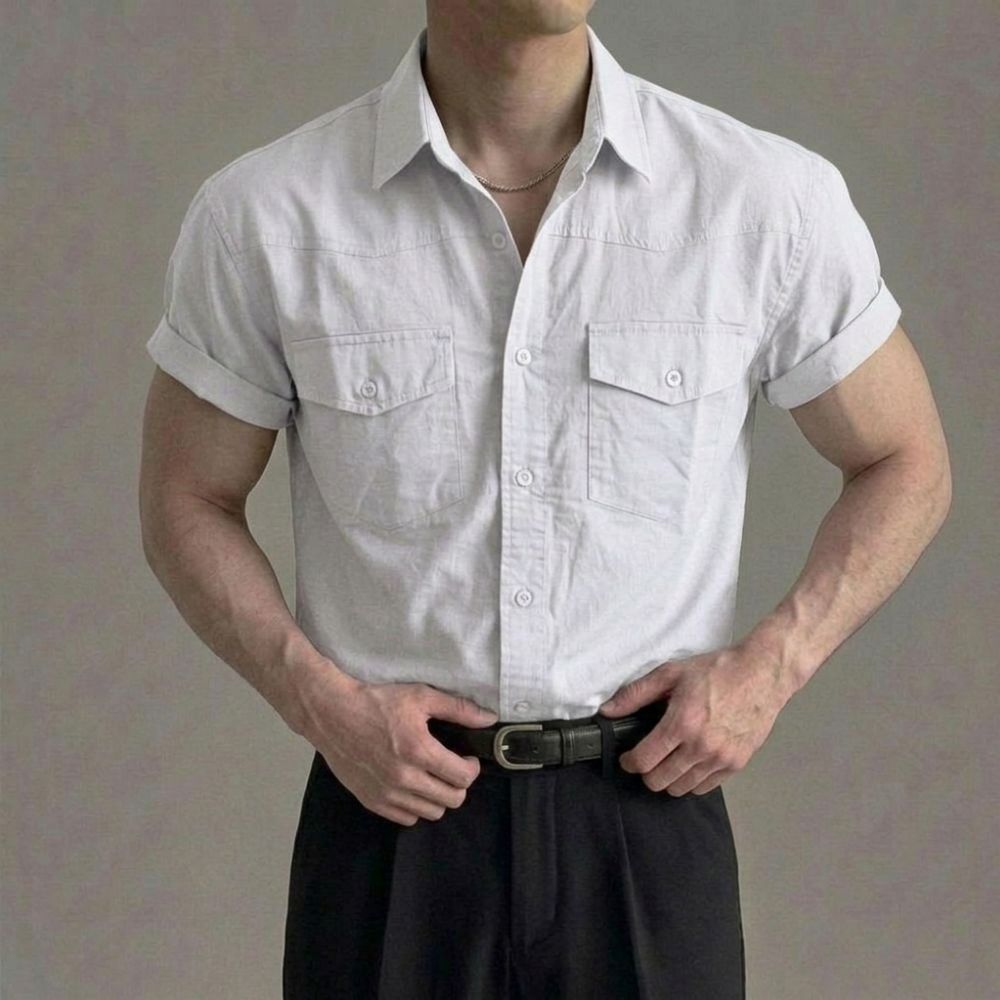 남자 웨스턴 나일론 반팔 롤업 셔츠 화이트, 프리사이즈 - 상품 이미지
