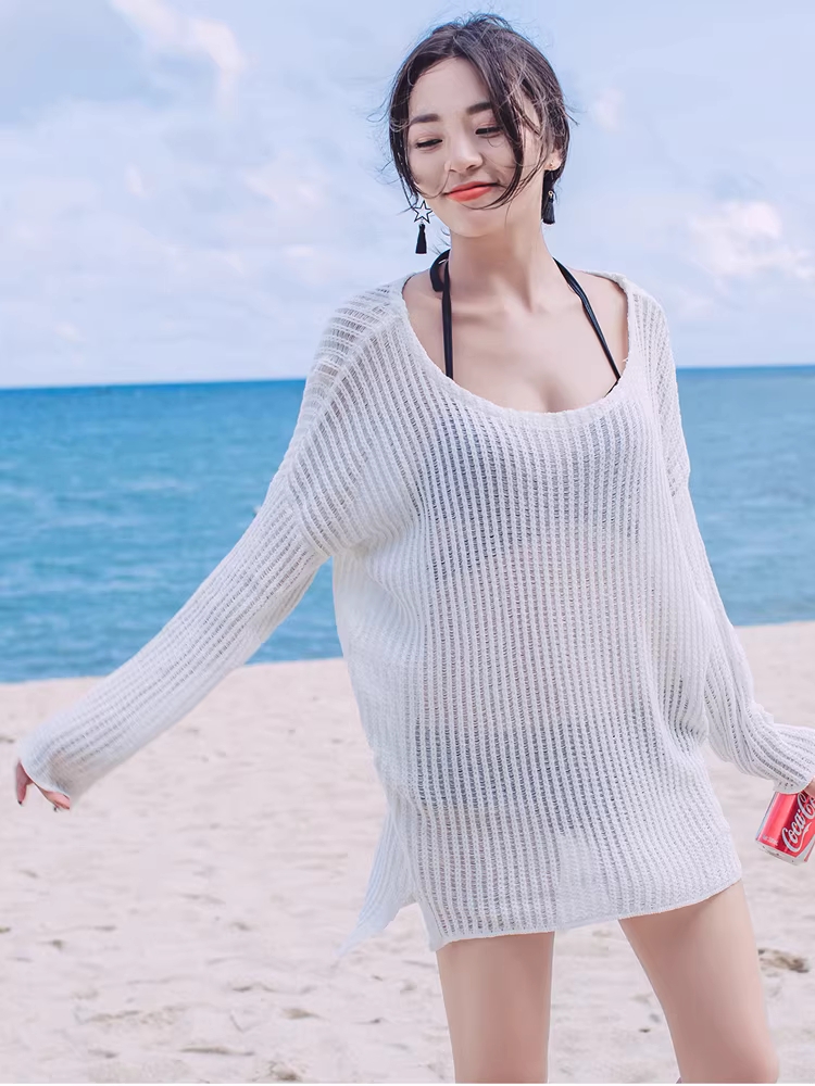 비키니가운 커버업 로브 가디건 휴양지 레이스 망사 니트 비치웨어 수영복 하얀색 한 사이즈 - 상세 이미지 3