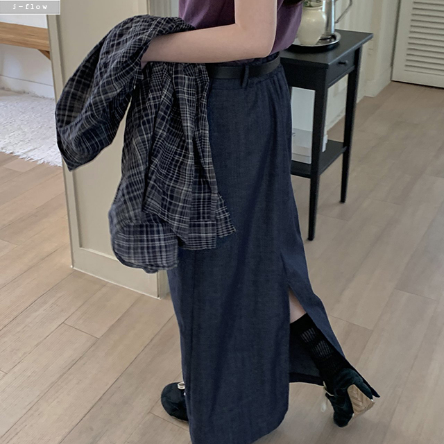 소치 린넨 데님 맥시 롱 스커트 3col 여름 밴딩 A라인 난스판 뒷트임 제이플로우 - 상세 이미지 4