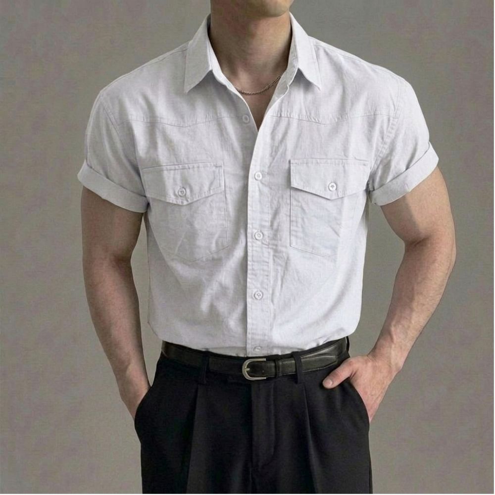 남자 웨스턴 나일론 반팔 롤업 셔츠 화이트, 프리사이즈 - 상세 이미지 3