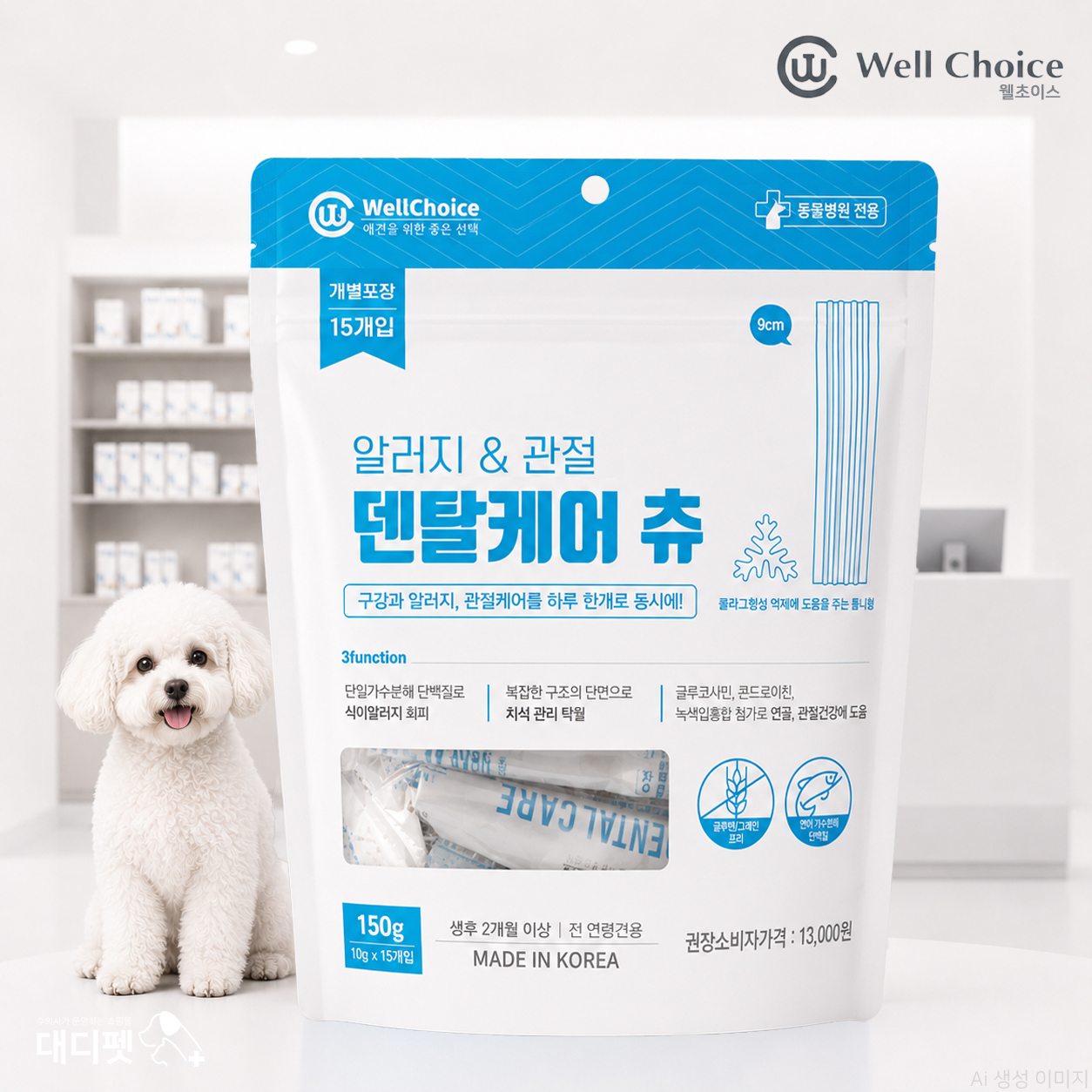 덴탈케어 츄 알러지&관절 15p +2p 추가 가수분해 연어 단일단백질 구강 관리 껌 - 상품 이미지