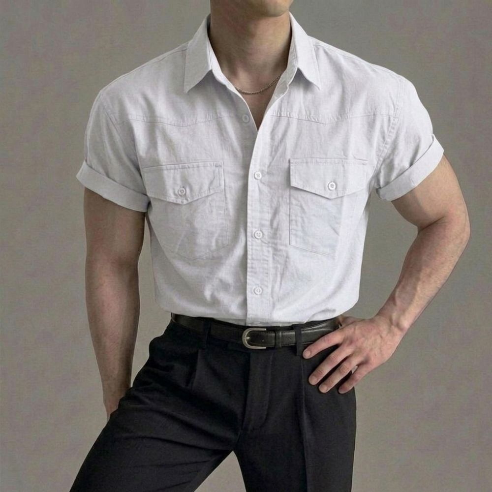 남자 웨스턴 나일론 반팔 롤업 셔츠 화이트, 프리사이즈 이미지 8
