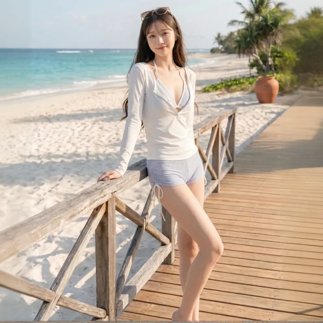 커버업 홀터 3피스 비키니 세트 살안타템 슬릿 시스루 비치웨어 바캉스 수영복 - 상세 이미지 4