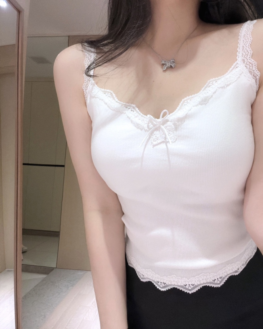 레이스 끈나시 민소매 숏기장 골지 캡내장 나시 - 상품 이미지