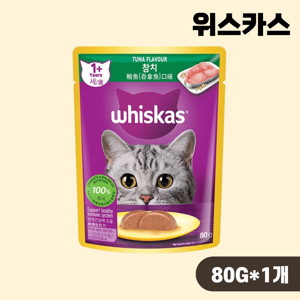 위스카스 파우치 고양이 습식 사료 1세이상 참치, 80g, 1개 - 상품 이미지