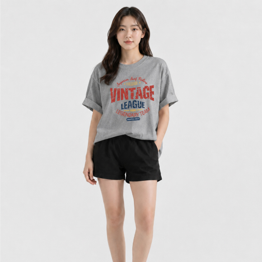 여성 데일리 루즈핏 반팔티 빈티지 리그 레터링 여름 티셔츠 - 상세 이미지 5