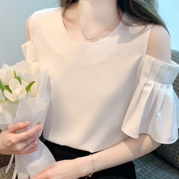 어깨트임 오프숄더 반팔 블라우스 프렌치 시크 쉬폰 셔츠 데이트룩 시원한 페미닌룩 - 상세 이미지 2