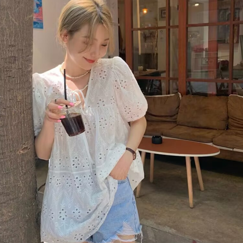 여름 데일리 루즈핏 레이스 리본 반팔 펀칭 블라우스 이미지 6