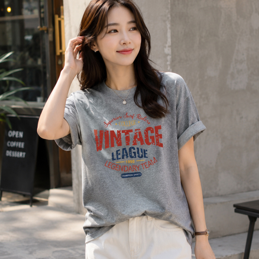 여성 데일리 루즈핏 반팔티 빈티지 리그 레터링 여름 티셔츠 이미지 8