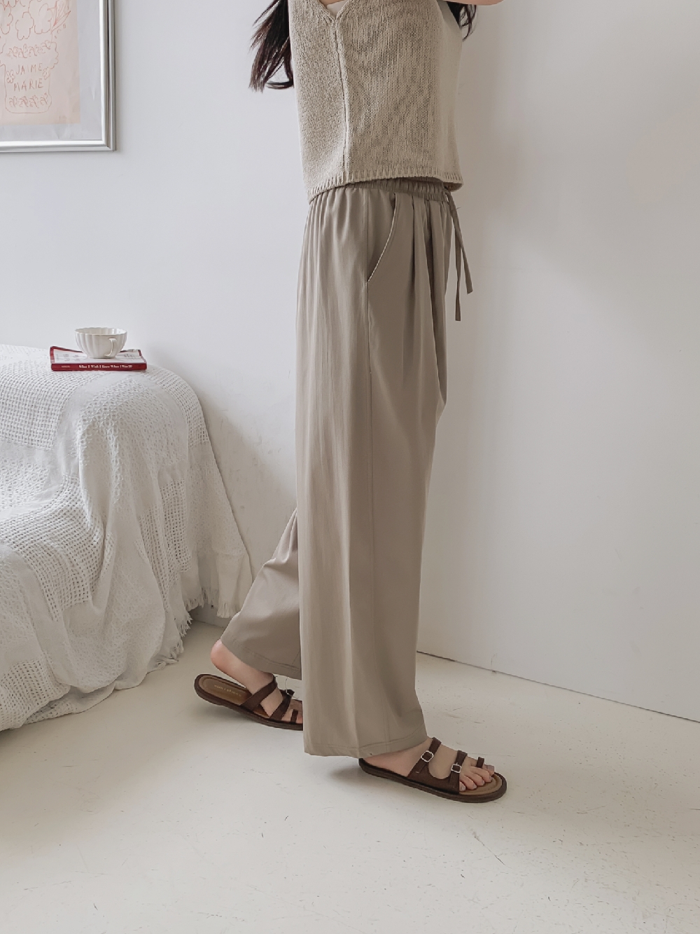 여성여름바지 키작녀바지 세미 배기팬츠 와이드 핀턱 밴딩 팬츠 이미지 6