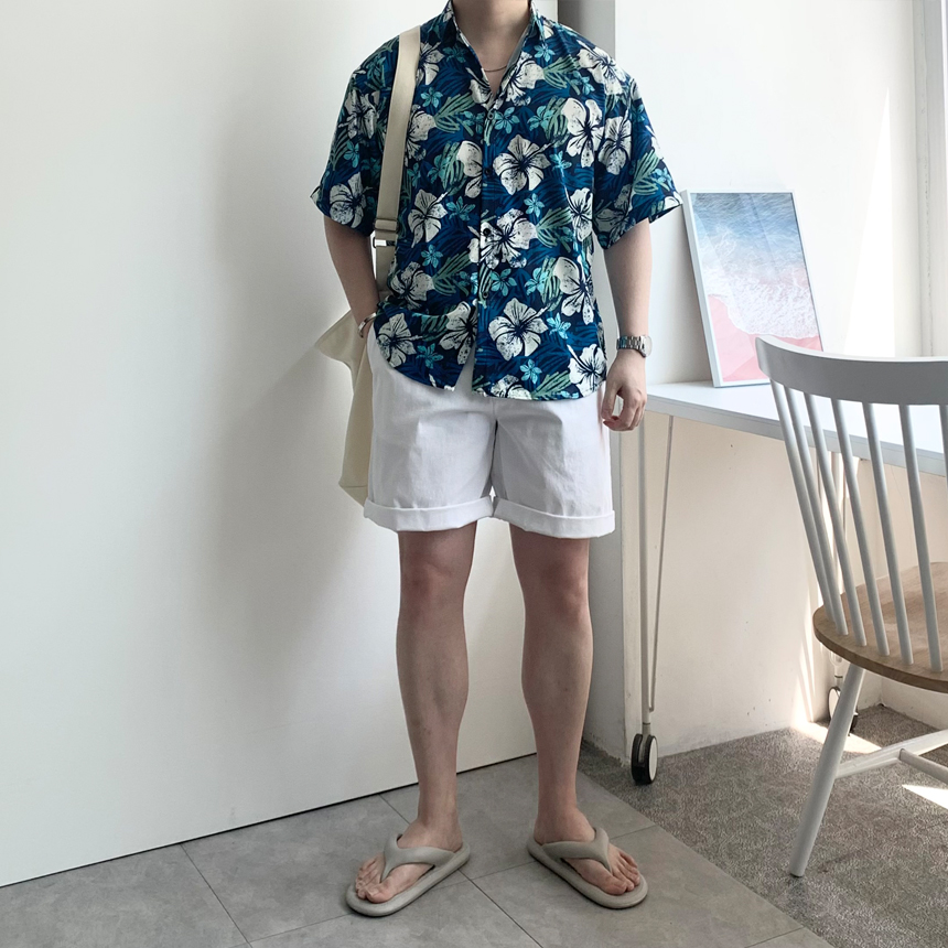 남자 반팔 하와이안 셔츠 여름 반소매 남방 야자수 꽃무늬 바캉스 휴양지룩 신혼여행 이미지 8