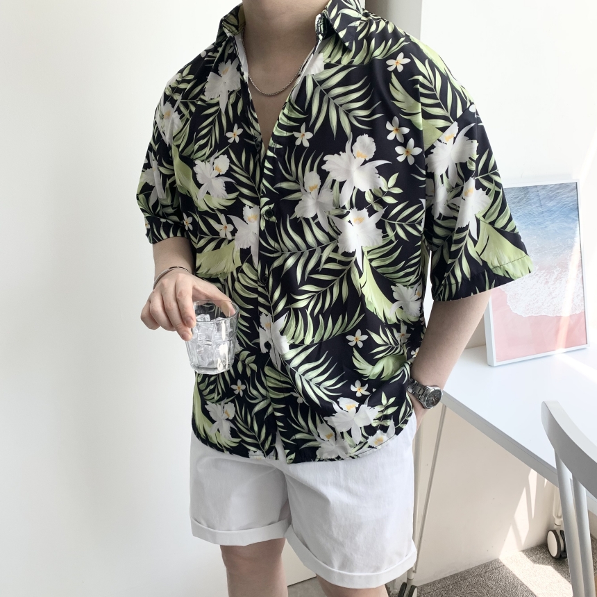 남자 반팔 하와이안 셔츠 여름 반소매 남방 야자수 꽃무늬 바캉스 휴양지룩 신혼여행 - 상세 이미지 5