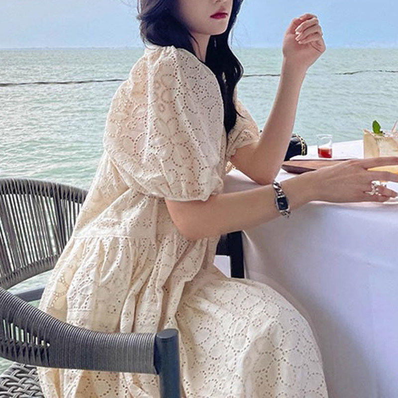여름 빅사이즈 임산부 휴양지 펀칭 레이스 롱원피스 펑퍼짐한 퍼프 소매 M-5XL 미색 - 상세 이미지 5
