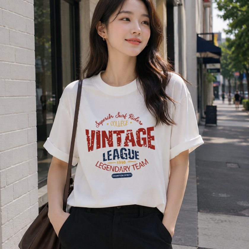 여성 데일리 루즈핏 반팔티 빈티지 리그 레터링 여름 티셔츠 이미지 6