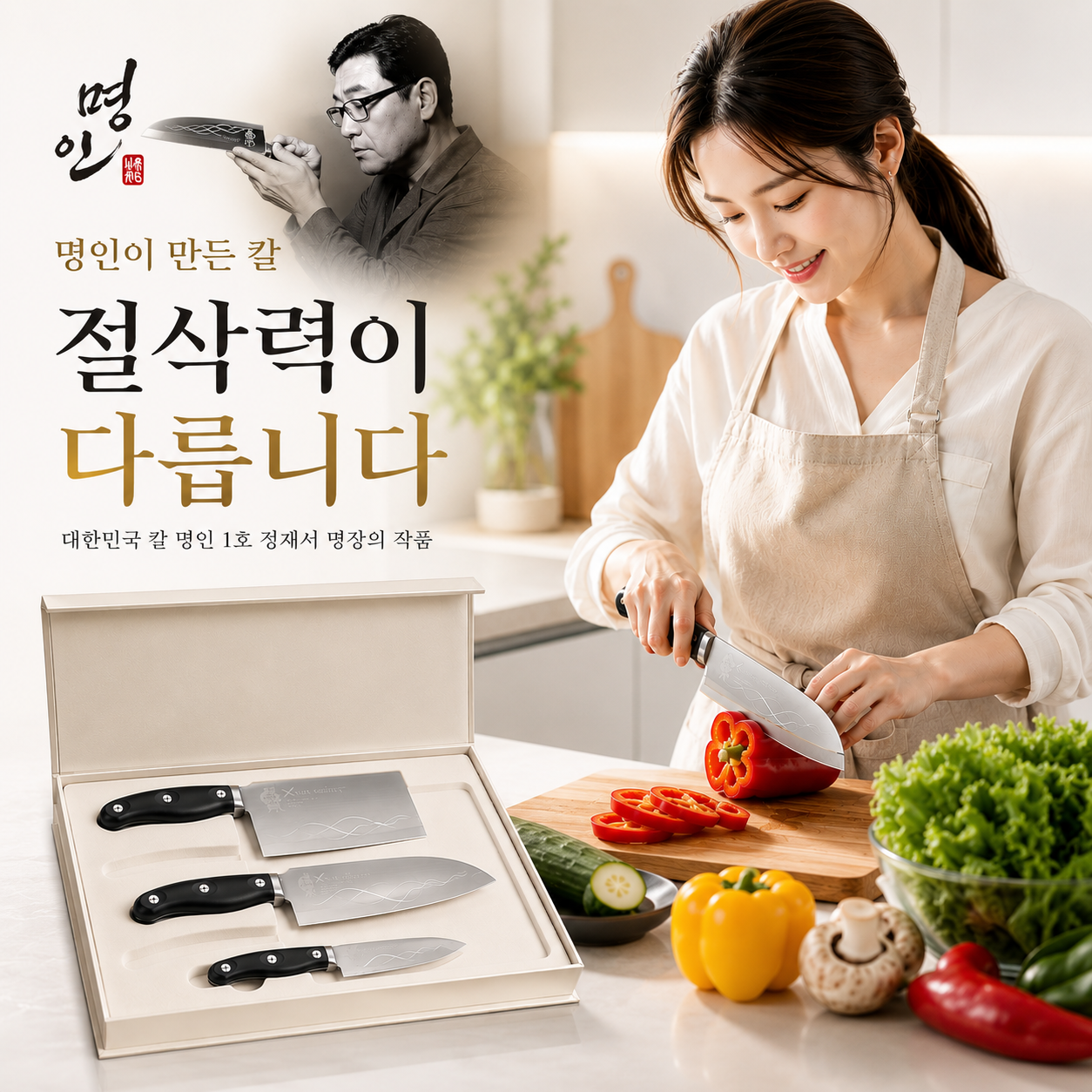 칼명인 1호만든 주방칼 부엌 셰프 장미 데바 명품 식칼 과도 중식도 3종 세트 - 상품 이미지