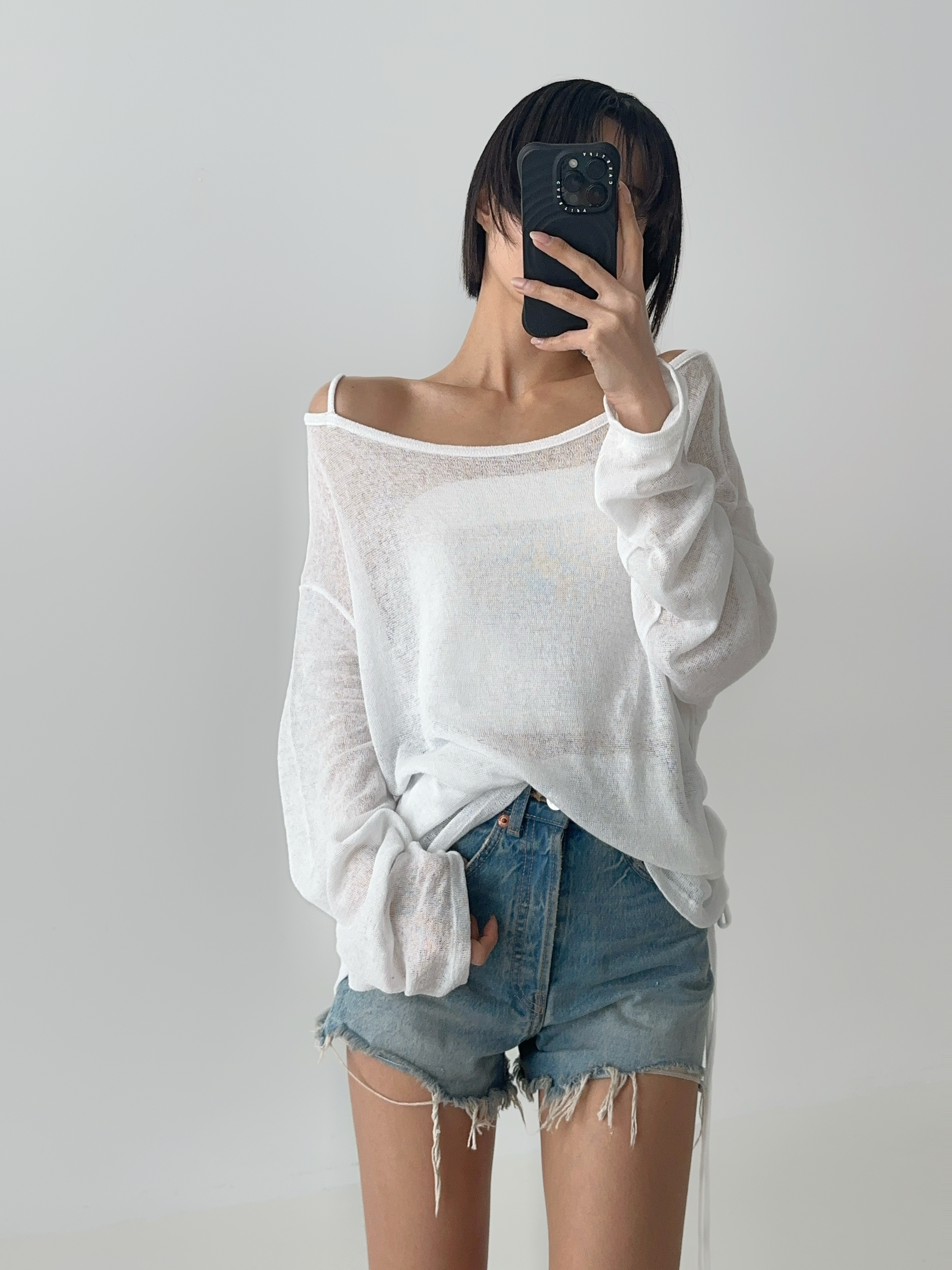 포머 시스루티 여성 여름 긴팔 슬럽 린넨 커버업 루즈핏 스트링 오프숄더 살안타템 레이어드 이미지 6