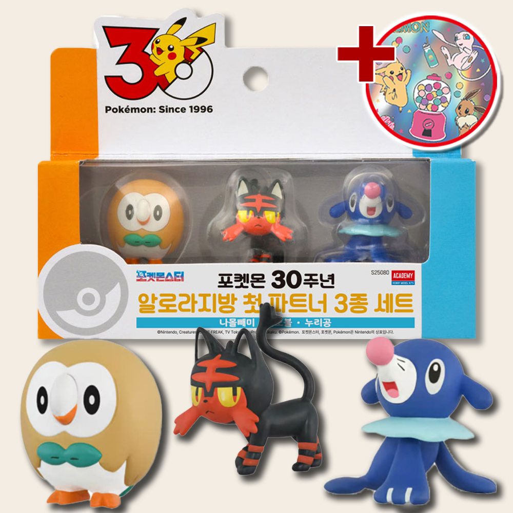 포켓몬 30주년 알로라지방 첫 파트너 세트 나올빼미 냐오블 누리공 피규어 몬콜레 스티커세트 - 상품 이미지