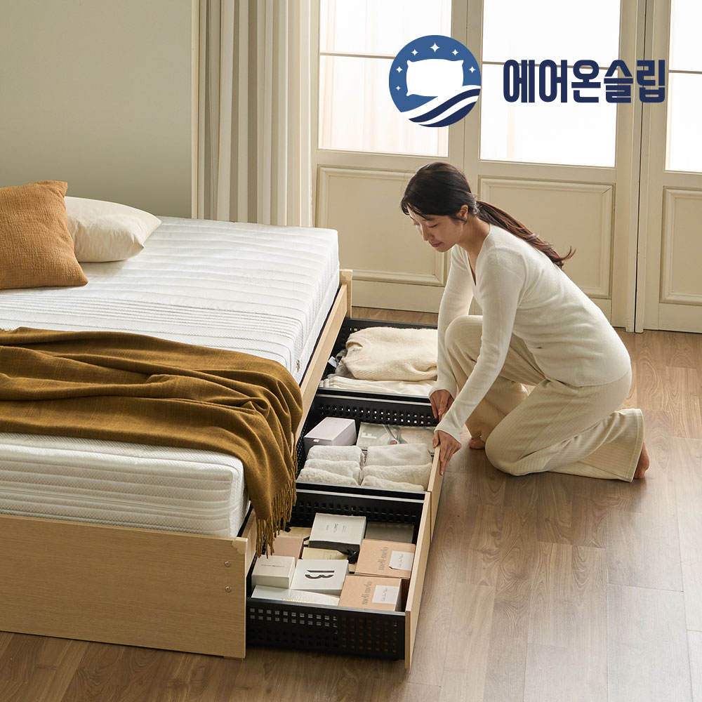 에어온슬립 E0 레이튼 수납 S 싱글침대+와이드선반 3서랍형 라이트오크 온슬립본넬베이직 - 상세 이미지 3