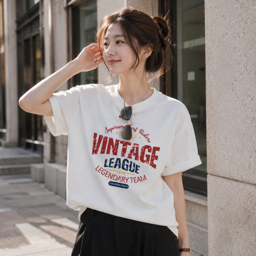여성 데일리 루즈핏 반팔티 빈티지 리그 레터링 여름 티셔츠 이미지 7