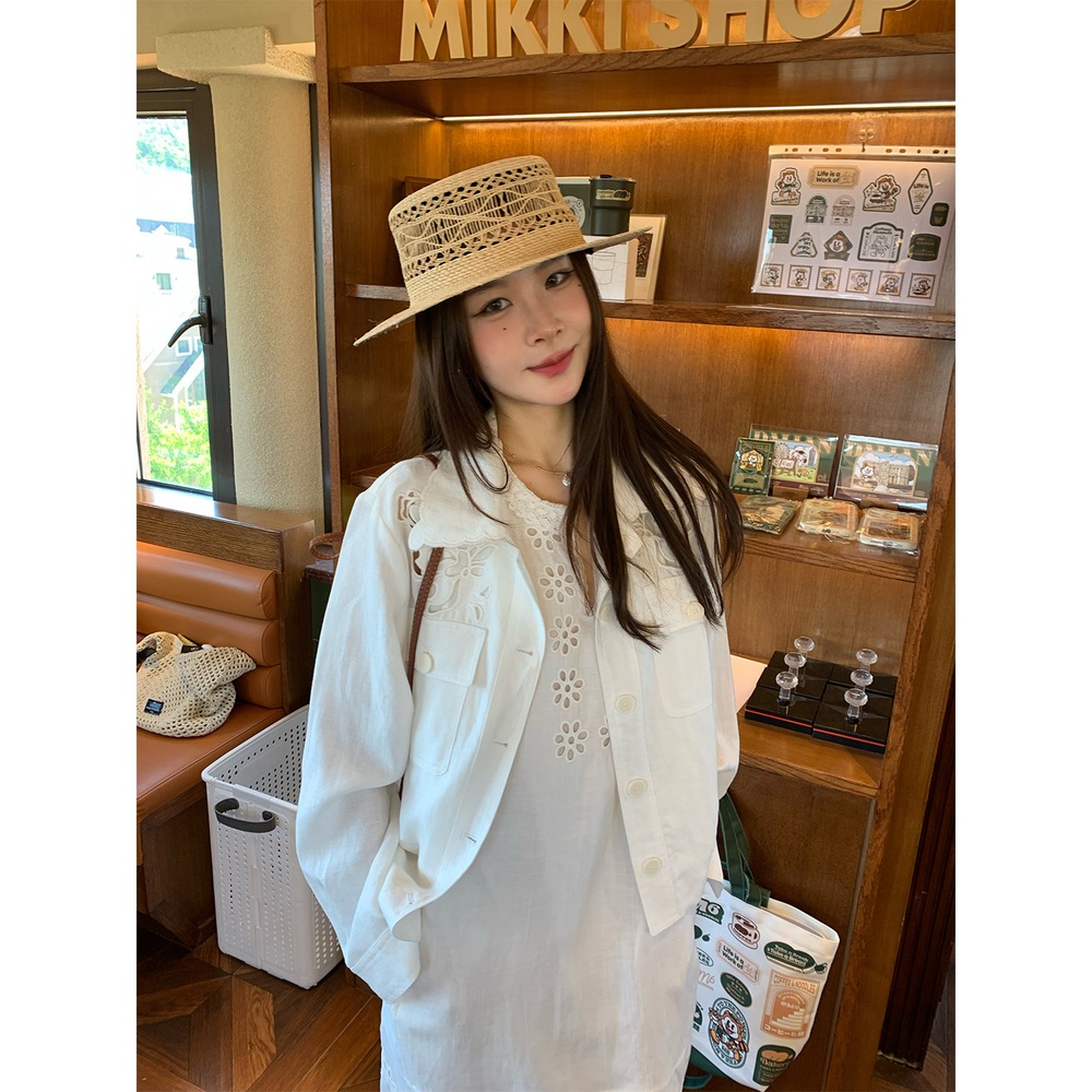 물결카라 펀칭 리넨긴팔자켓 루즈핏 캐주얼 유니크 디자인 중년여성 여름 화이트 - 상세 이미지 4